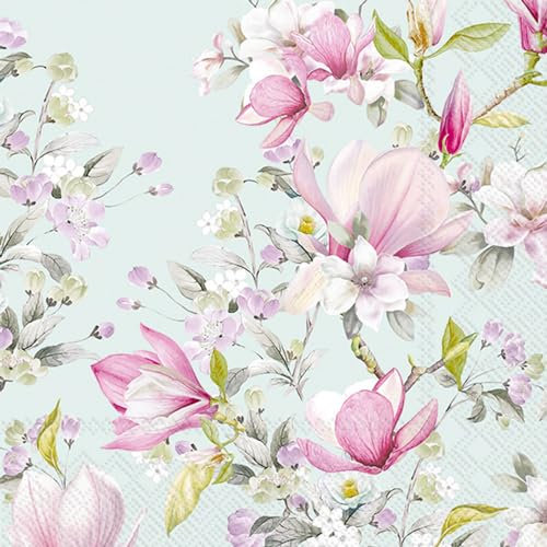 IHR Ideal Home Range Party-Servietten, Einweg-Servietten, 3-lagig, Papier, 16,5 x 16,5 cm, romantische Magnolie (hellblau), 20 Stück