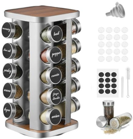 FRIBERG Especiero,360° Especiero Giratorio, Con 20 Botes Especias De 100 Ml, Especieros Para Cocina,Con Embudo, Etiqueta, Bolígrafo Y Cepillo De Limpieza