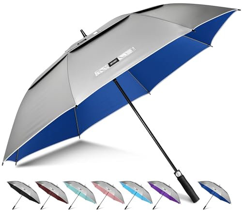 KEYHOT Golf Regenschirm mit UV Schutz 157 cm Golfschirm UV Schutz Große Sturmfest Doppelter Stülle für Herren und Damen (Silber/Blau)