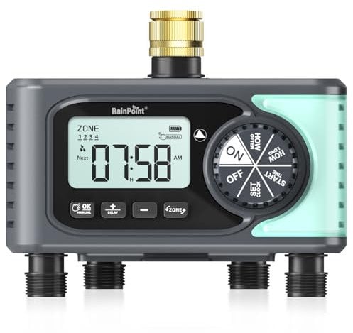 RAINPOINT 4-Outlet Water Timer with Brass Inlet, 4 Zone Programmable Automatic Irrigation Hose Sprinkler Timer with Rain Delay/Manual Mode, for Garden Lawn and Drip Irrigation
