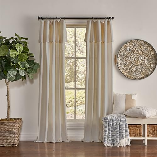 Mercantile Drop Cloth Curtain Panel, Light Filtering Ring & Tab Top with Attached Valance, 95 in Long x 50 in Wide, Farmhouse Single Window Panel, Bedroom, Living Room & Dining Room, Linen