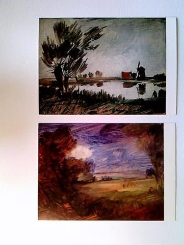 Wilhelm Busch, Windmühle am Teich, Wiesenlandschaft mit roter Figur, 2 Künstler AK, ungelaufen, ca. 1965, Konvolut