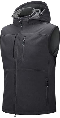 33,000ft Men‘s Softshell Gilet Waterproof Activewear Vests Windproof Fleece Lined Gilets with Hood Sleeveless Softshell Jacket for Hiking, Golf, Travelling,Safari Dark Grey Heather 3XL