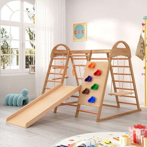 7 in 1 Kinder Holz Klettergerüst Indoor und Outdoor, Schaukel, Kletterleiter, Kletterplattenrutsche, Ein Netz zum Klettern, Kletterstein aus Kunststoff, Ringe. Kann als Zelthaus, für Kinder ab 3 Jahre