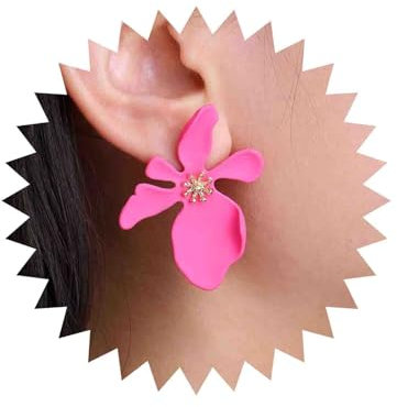 Allereya Boho Pink Flower Stud Earrings Big Floral Stud Earrings Enamel Flower Earrings Matte Floral Earrings Flower Petal Earrings Jewelry for Women