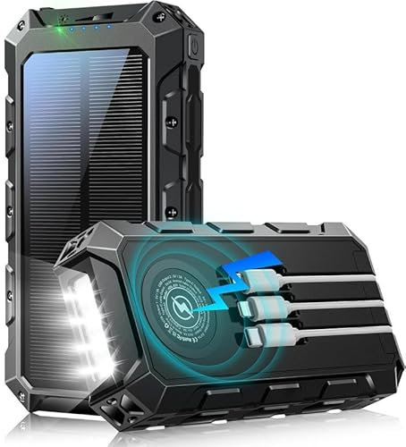 26800mAh Power Bank, 7 Outputs/2 Inputs PowerBank with Built-in Cable, Wireless Fast Charging Solar PowerBank, External Charger with Flashlight, LED Indicator