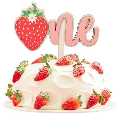 Décoration de Gâteau d'Anniversaire à la Fraise, Décoration de Gâteau en Bois Décoration de Gâteau à la Fraise Rose Décoration de Gâteau à la Fraise pour Fête Prénatale Premier Anniversaire