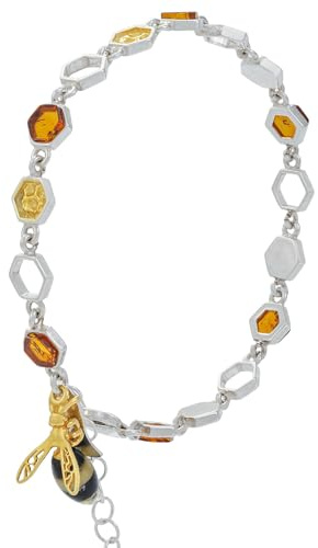 AMBEDORA Damen Silber Armband mit Biene und Bernstein, Sterling Silber Poliert und vergoldet, Bernstein in Cognac Farbe