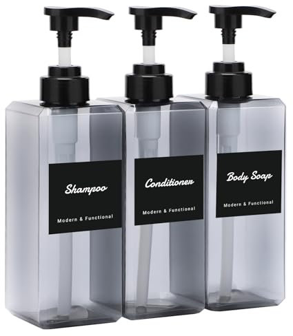 Segus Grey Soap Dispenser, 3 Pieces 650ml Refillable Shower Gel & Shampoo Dispenser, Handwash Bottle, Bathroom Bottles with Labels
