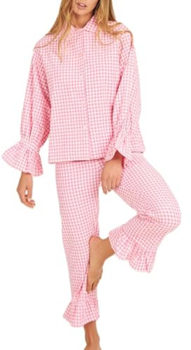 Ensemble 2 pièces avec pantalon vichy pour femme - Chemisier à manches volantées - Haut à carreaux - Jambe large, c-rose, S