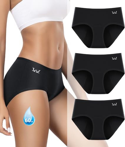 Benirap Periodenunterschwäsche Starke Blutung 60ML, Hohe SaugfäHigkeit Perioden Unterwäsche, Atmungsaktiv Menstruationsunterwäsche Damen (3er Pack) Schwarz M