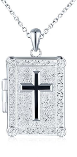 MICMIF Foto Kette Book Buch Medaillon für Damen Herren Silber 925 Kreuz Amulett Halskette Personalisierte Medaillon zum Öffnen für 2 Bilder Anhänger mit Kette 45+5cm