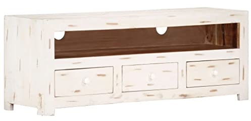 Homgoday TV-Schrank Massivholz Akazie 110x30x40 cm Weiß TV-Schrank TV-Lowboard Fernsehschrank Lowboard TV Möbel Fernsehtisch für Wohnzimmer, Schlafzimmer