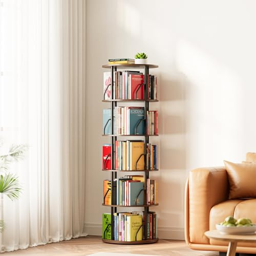 SpaceAid Drehbares Bücherregal mit 5 Etagen, 360° Display, stapelbar, drehbares Bücherregal, platzsparend, drehbar, rund, bodenstehend, drehbar, Eck-Organizer, braunes Holz
