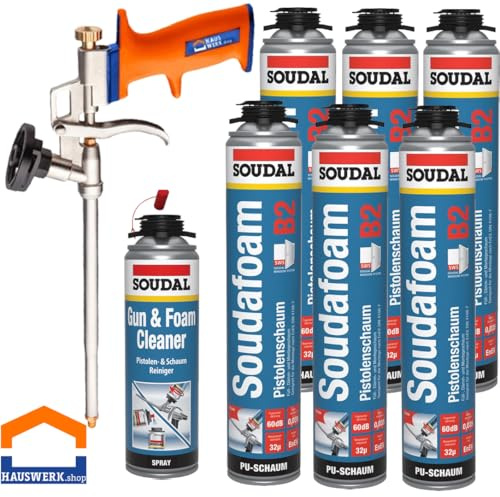 Hauswerk.shop PU Schaumpistole + SOUDAL Profi Pistolenschaum GUN B2 / 6 x 750 ml + Schaumpistole + Reiniger