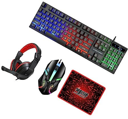 DIYEAH 4-in-1 Wired Backlit Gaming Keyboard Mouse Combo Headset and Mouse Pad for, Usb Connection, Qwerty Layout, Office and Home Use