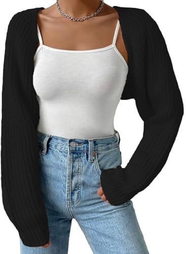Qianderer Women Open Front Ribbed Knit Crop Bolero Shrug Drop Shoulder Long Sleeve Solid Loose Fit Knitted Crop Cardigan (Black, S)