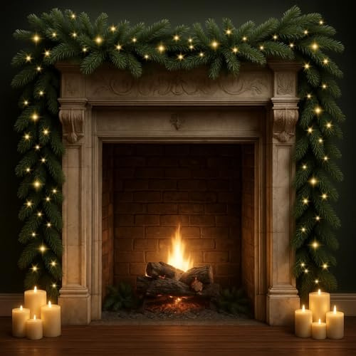 Kidken Ghirlanda natalizia con luci, 10 m, decorazione natalizia per camino, scale, ghirlanda artificiale con 200 luci LED, per albero di Natale, porta d'ingresso, decorazione per la casa e le vacanze