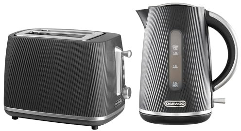 Daewoo Cascade Kettle & Toaster Set – 1.7L Rapid Boil Electric Kettle & 2 Slice Toaster Bundle – Black Ribbed Finish, Adjustable Browning, Reheat & Defrost, Removable Crumb Tray, Limescale Filter