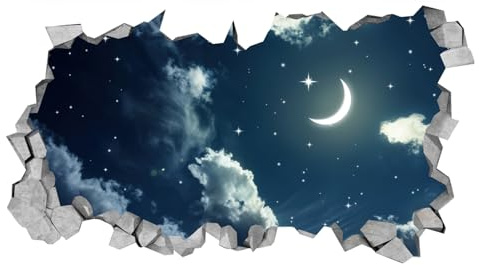 3D Wandtattoo Mauerloch Wandsticker Wandaufkleber für Kinderzimmer Durchbruch Städte Landschaft Abenteuer selbstklebend H 60 x B 100 Schlafzimmer Wohnzimmer (Mondmuster)