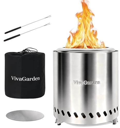 VivaGarden tragbare Feuerstelle, rauchfreie Tisch-Feuerstelle, sicher brennender Campingkocher, betrieben mit Pellets oder Holz, Gabeln, Matte und Reisetasche im Lieferumfang enthalten, Silber