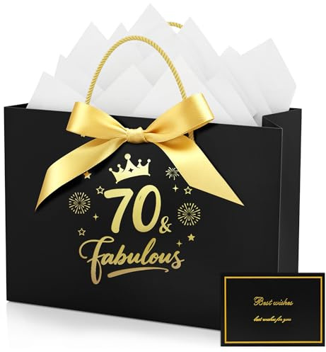 70th Birthday Gift Bag with Tissue Papers & Greeting Card, Black | with Birthday Wrapping Paper, for Women Men 70 Year Old Present, Party Decorations Supplies (20 x 10 x 28 cm)