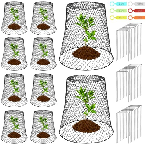 Dinhauyon Plant Covers, 10Pcs Plants Metal Netting, Chicken Wire Cloche Plant Protector Cover with 30 U-Shaped Piles & 20 Labels, for Plant Protectors from Chicken Bunnies Squirrels Birds