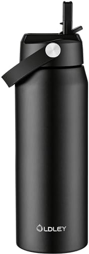 OLDLEY 750ml Insulated Water Bottle with Straw, Stainless Steel Water Bottles with Handle, Leakproof BPA Free Vacuum Metal Flask Keep Hot and Cold for Sports, Travel, Hiking (Black)