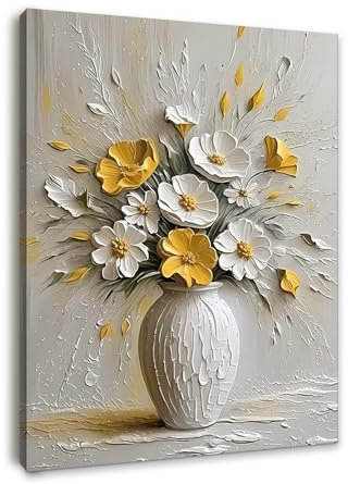 Framed Canvas Wall Art for Living Room, Modern Yellow and White Floral Artwork, Elegant Vase Flower Decoration, Textured 3D Canvas Painting for Bedroom or Hallway with Hooks and Magic Tape, 12x16 Inch