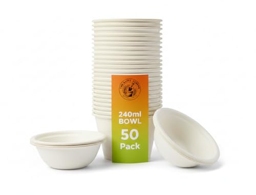 The Happy Garden Bagasse Bowls (240 ml, Pack of 50) - Disposable Compostable Sugarcane Paper Bowl, Heavy Duty, Microwave & Freezer Safe, Ideal for Parties