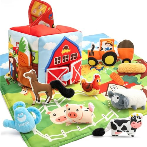 LZDMY Motorikwürfel Baby ab 6 Monate, Bauernhof Montessori Tücherbox | Spielzeug ab 1 Jahr, Sensorik Tierfiguren, Knistertuch & ABC Spielmatte, Geschenk für 6-12 Monate Jungen Mädchen