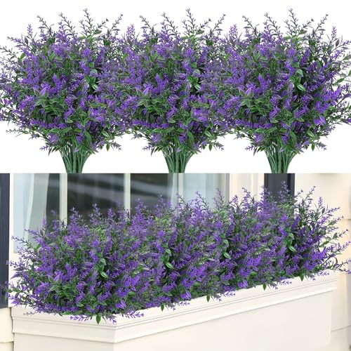 12 Paquetes de Ramos de Flores de Lavanda Artificiales Decoracion Plantas | Para Exteriores de Balcón Plastico Adecuadas para Balcones Interiores y Exteriores, Caja de Balcón de Jardín(Púrpura)