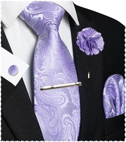 JEMYGINS Paisley Stickerei Design Krawatte Set Herren Einstecktuch Krawattenklammer Manschettenknöpfe Ansteckblume für Hochzeit Party Business Mehrfarbig