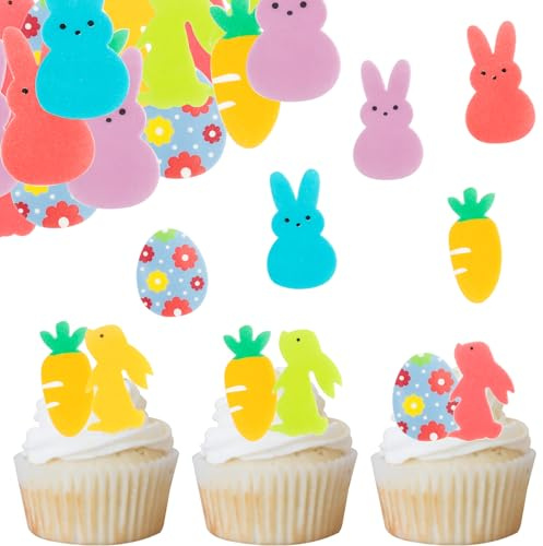 Catelves 48 Stück Esspapier Ostern Tortendeko, Essbare Hase Cupcake Topper, Bunt Muffin Deko Ostern Deko Kuchen Essbar, Osterdeko für Torte, Hasen Tortendeko für Osterparty Geburtstag Frühlingsparty