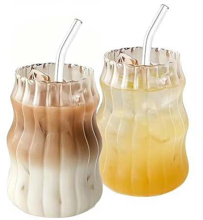 2 Pcs 550ml Glass Tumblers With Straws; Clear Ribbed Tumblers With Straw Holders; Clear Iced Coffee Tumbler, Wavy-patterned Tumbler And Matcha Cups; Ideal For Iced Coffee, Juices, Milk And Cocktails