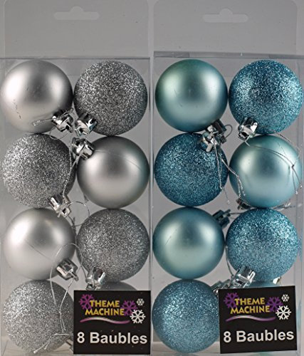 DP Set Of 16 Ice Blue And Silver Christmas Tree Baubles Decorations