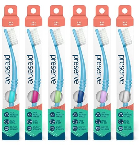 Preserve Toothbrushes with Travel Case, Soft Bristles, (Pack of 6)
