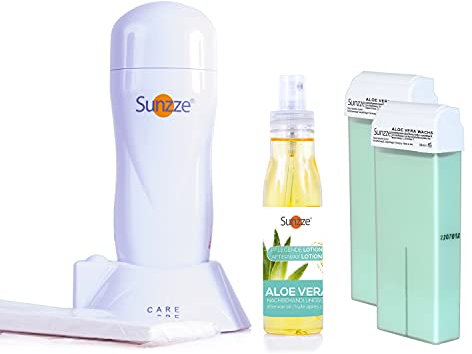 Sunzze Warmwachs Roll-On Set, Wachspatronenerhitzer mit 2 Wachspatronen, Vliesstreifen und After Wax Lotion (Set Aloe Vera)