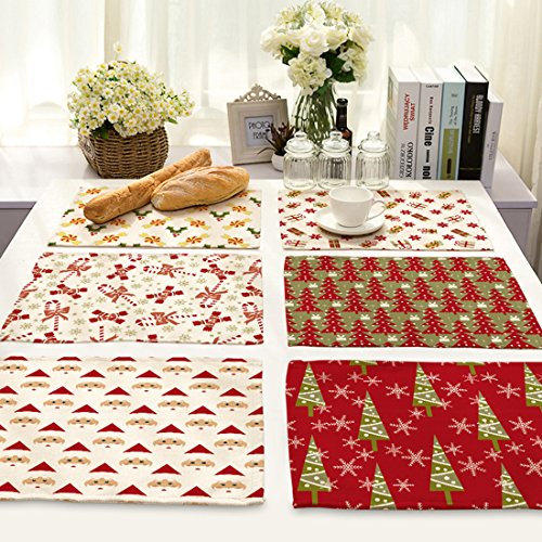 Weihnacht 6er Set Tischset Platzset Modern Design Weihnachtsmann Tannenbaum Platzmatte hochwertige Baumwolle und Leinen Xmas Geschenk Gift Tischunterlagen Tischdecke 43x33cm (43 x 33 cm, Weihnacht)