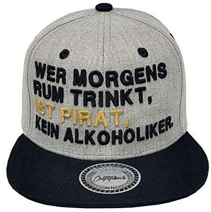 Outfitfabrik Snapback Cap Wer morgens Rum trinkt, ist Pirat, kein Alkoholiker in grau mit 3D-Stick (Festival, Alkohol, Statement, Saufen)