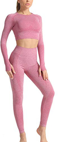 YACUN Damen Trainingsanzüge Workout Outfit 2 Stück Yoga Legging Crop Top Gym Kleidung Set Rosa L (38)