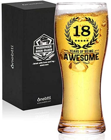 Onebttl 18th Birthday Gifts for Boys, Men or Him - 18 Years of Being Awesome - 450ml/15oz Beer Glass - 18 Years Old Birthday Beer Glass Gifts for Son, Grandson, Nephew or Boyfriends