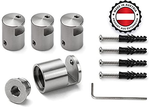 SCHILDER Systeme 4 distanziatori in acciaio inox ow17, fissaggio a morsetto per targa e vetro, senza foro, supporto da parete di alta qualità per targhette in vetro, con viti a testa piatta e tasselli