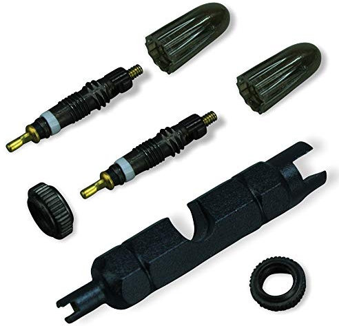 Black Set - 2X Original Schwalbe SV Ventileinsatz + SV Ventilkappe rauchgrau + 2 Ventilmutter schwarz + Ventilschlüssel SV/AV