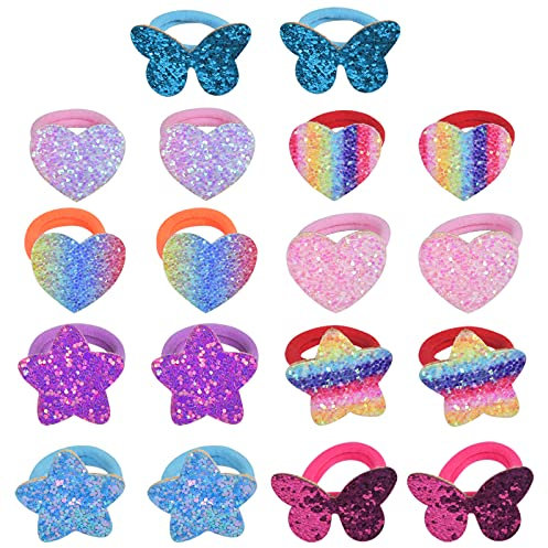 AvoDovA Pferdeschwanz-Halter für Kinder, Mädchen, 8 Paar (16 Stück) nahtlose Haarbänder, Baby, weiche kleine elastische Haargummis, Glitzer, Kinder-Haargummis mit Herz, Schmetterling, Stern für
