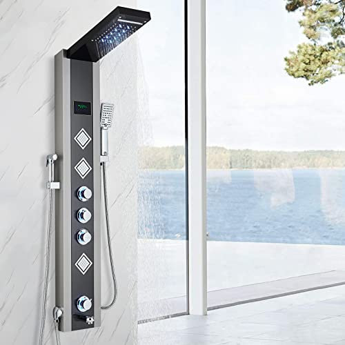 Rozin Duschpaneel Edelstahl Schwarz und Gebürstetem Nickel Duschsäule 6 Funktionen mit Regenfall Wasserfall Dusche Kopf Massage Düse Handbrause Badewanne Auslauf Bidet Spray