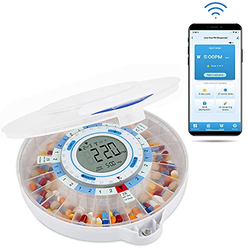 LiveFine Auto WiFi Pill Dispenser for Elderly, 28-Day Supply, Frosted Lid | For families and caregivers managing a loved one's meds - app-based alerts and a manual key lock support daily dosing.