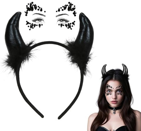 Sprinlot Serre-tête Diable Noir, Cornes de Diable Glitter Tattoo, Bijoux de cheveux Oreilles de Diable Noir, Serre-tête Tatouage Carnaval Fête d'Halloween ST-Home-A33-2