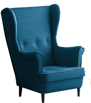Leo Lounge Sessel mit Armlehnen, Stuhl aus Stoff mit Holz Füßen, Ohren- & armlehnensessel, Polsterstuhl, Ohrensessel, Ohrensessel groß, für Esszimmer & Wohnzimmer (Blau, Ohne Hocker)
