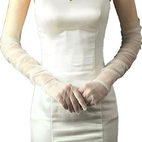Acenail Lange Tüllhandschuhe für Damen, Hochzeitshandschuhe, Weiß, Brauthandschuhe, Finger, 20er-Jahre, Opernparty, durchsichtige Handschuhe für Bräute, Weiss/opulenter Garten, Einheitsgröße